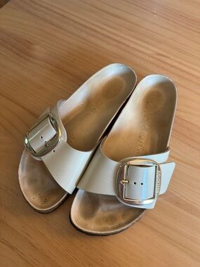 Birkenstock White Big Buckle Single Strap Sandals with Gold